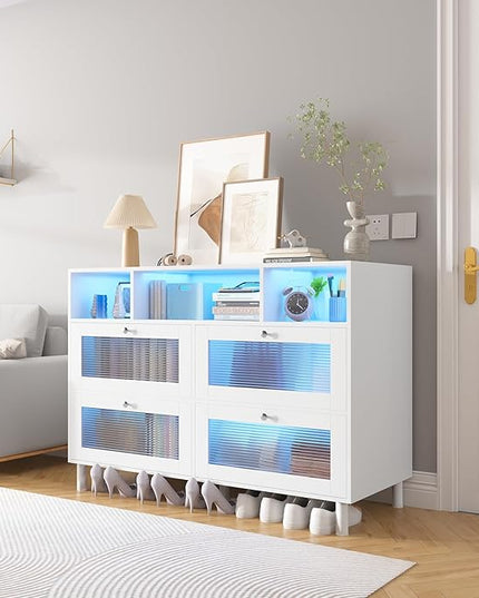 Sideboard Fluted Buffet Cabinet with Storage | 47’’ Large Kitchen Storage Cabinet with LED Light & Power Outlet, Modern Coffee Bar Cabinet Buffet Table for Living Room, Dining Room, Entryway - LeafyLoom