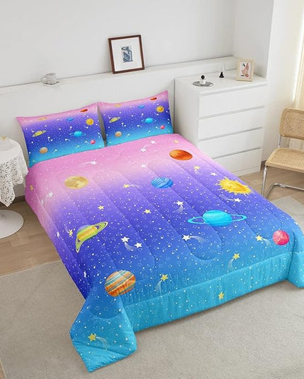 Erosebridal Cute Galaxy Comforter Set King for Boys Girls Kids Stars Planet Space Bedding Set Kawaii Rainbow Pastel Bedding Comforter Sets Pink Blue Purple Ombre Cartoon Quilt Duvet 2 Pillow Cases - LeafyLoom