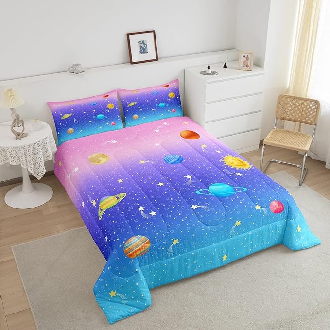 Erosebridal Cute Galaxy Comforter Set King for Boys Girls Kids Stars Planet Space Bedding Set Kawaii Rainbow Pastel Bedding Comforter Sets Pink Blue Purple Ombre Cartoon Quilt Duvet 2 Pillow Cases - LeafyLoom