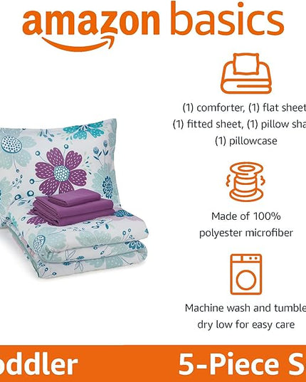 Amazon Basics 5 Piece Microfiber Kid's Bed-in-a-Bag Bedding Set, Toddler, Floral - LeafyLoom