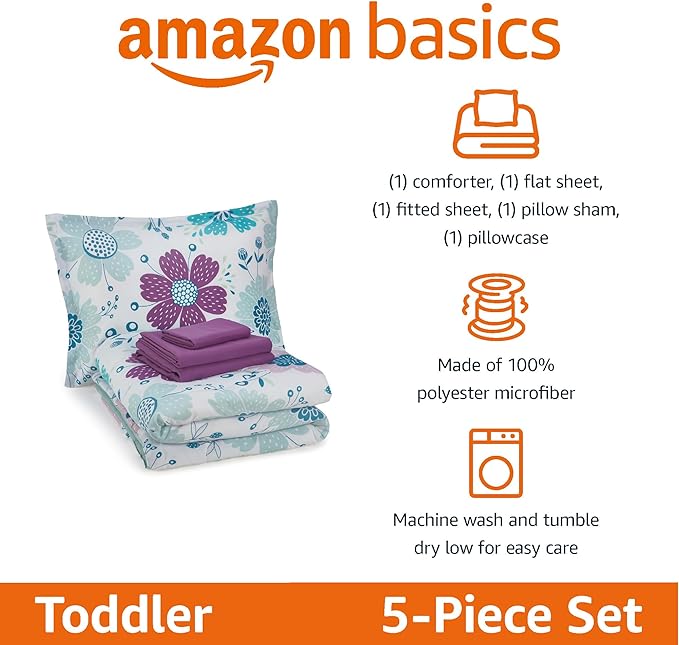 Amazon Basics 5 Piece Microfiber Kid's Bed-in-a-Bag Bedding Set, Toddler, Floral - LeafyLoom