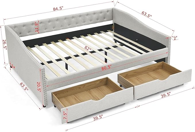 Queen Size Upholstered Daybed with Two Storage Trundle Drawers, Wooden Sofa Bed w/Button Tufted Backrest and Waved Shape Arms, No Box Spring Needed, for Living Room, Bedroom, Dorm, Beige - LeafyLoom