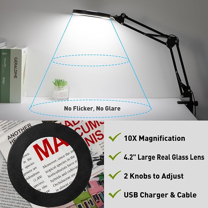 10X Magnifying Glass with Light, Flexible Arm Magnifier Lamp, 3 Color Modes & Stepless Dimming Magnifying Lamp with Clamp, Hands Free Lighted Magnifying Glass for Hobby Craft Workbench-Black - LeafyLoom