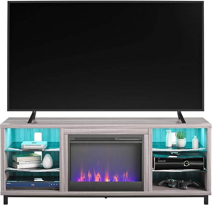 Ameriwood Home Lumina Fireplace TV Stand for TVs up to 70 Inch, Replaceable Electric Fireplace Insert Heater, Remote Control, Timer, Color Changing LED Lights, Crystal Ember Flames, Light Walnut - LeafyLoom