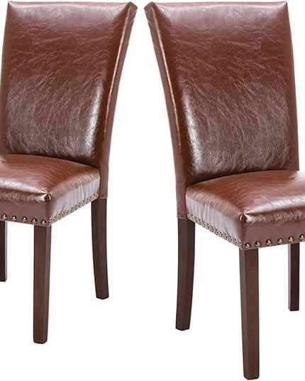 COLAMY Upholstered Parsons Dining Chairs Set of 2, PU Leather Dining Room Kitchen Side Chair with Nailhead Trim and Wood Legs - Light Brown - LeafyLoom