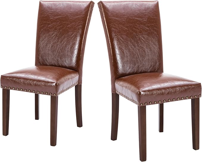 COLAMY Upholstered Parsons Dining Chairs Set of 2, PU Leather Dining Room Kitchen Side Chair with Nailhead Trim and Wood Legs - Light Brown - LeafyLoom