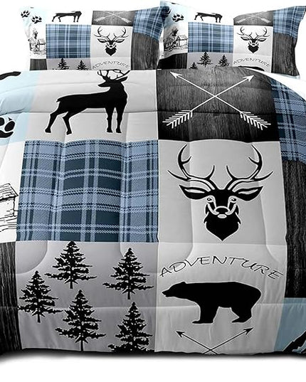 LUVIVIHOME 3PCS Rustic Comforter Set Full Size, Black Bear Deer Elk Moose Woodland Forest Animals Wildlife Hunting Blue Plaid Patchwork Cabin Lodge Country Farmhouse Bedding Quilt, 2 Pillow Shams - LeafyLoom
