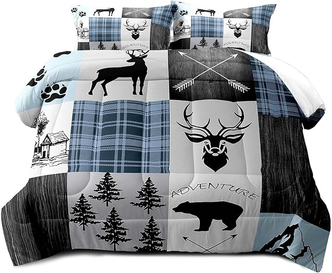 LUVIVIHOME 3PCS Rustic Comforter Set Full Size, Black Bear Deer Elk Moose Woodland Forest Animals Wildlife Hunting Blue Plaid Patchwork Cabin Lodge Country Farmhouse Bedding Quilt, 2 Pillow Shams - LeafyLoom