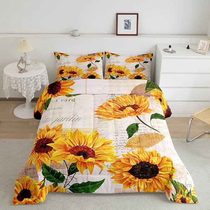 Erosebridal Women Retro Floral Bedding King Size Yellow Sunflowers Comforter Set for Girls Female Rustic 3D Flowers Duvet Insert Ultra Soft Lightweight Quilted Comforter with 2 Pillowcases - LeafyLoom