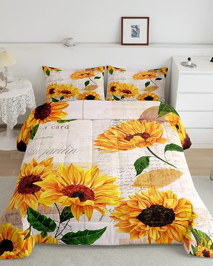 Vintage Sunflowers Comforter Full Size Yellow Floral Bedding Sets Girls Child Youth Tropical Sunflower Print Down Comforter Old Fashioned Quilt Flower Blossoms Bedding Comforter Set Nature Theme - LeafyLoom