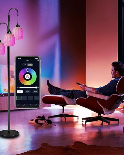 Rattan RGB Floor Lamps for Living Room with RGB LED Bulb, Dimmable Boho 3 Lights Floor lamp with App Control & Remote Control Farmhouse Stand Lamp for Bedroom，3 PCS RGB LED Bulb Included - LeafyLoom