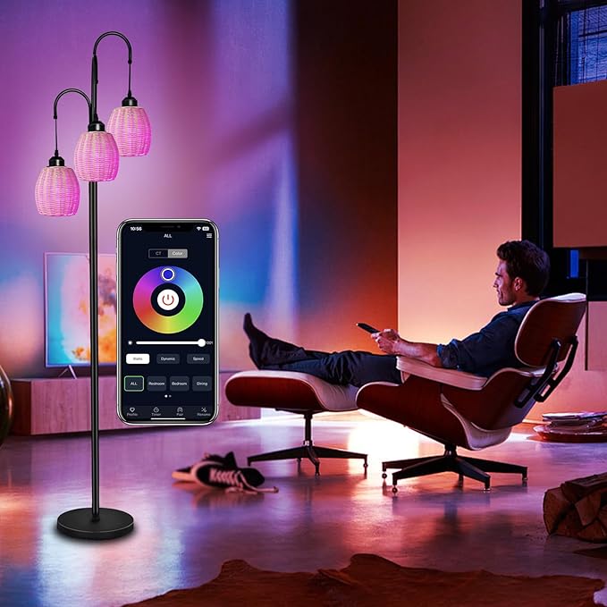 Rattan RGB Floor Lamps for Living Room with RGB LED Bulb, Dimmable Boho 3 Lights Floor lamp with App Control & Remote Control Farmhouse Stand Lamp for Bedroom，3 PCS RGB LED Bulb Included - LeafyLoom