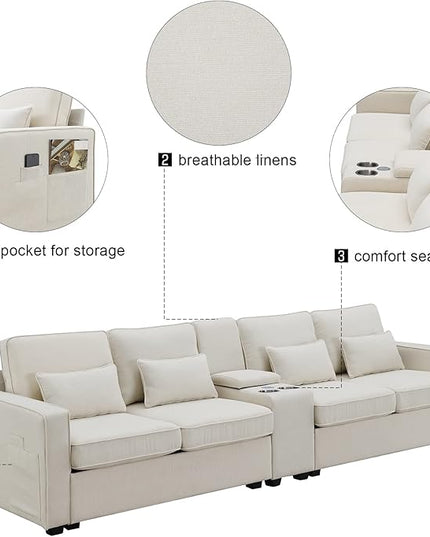 114.2" Linen Upholstered Sofa with Consoleand 2 USB Ports Wired or Wirelessly Charged,Modern 4-Seat Couches W/ 4 Pillows and Two Cupholders,for Living Room,Apartment,Beige - LeafyLoom