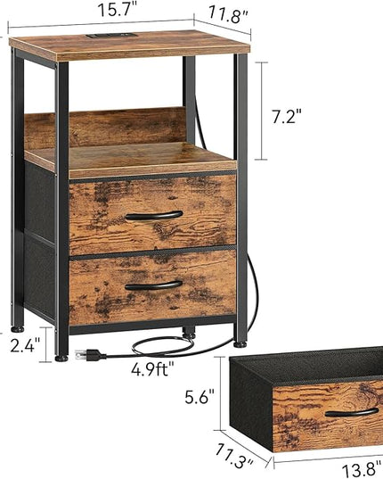 Night Stand Set of 2, Bedside Tables with Fabric Drawers, Side Table with Charging Station, LED Nightstand with USB Ports and Outlets, Small End Table for Bedroom, Rustic Brown - LeafyLoom