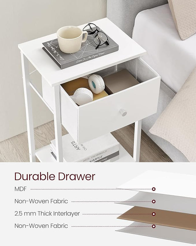 VASAGLE Nightstand, Side Table with Fabric Drawer, 24-Inch Tall End Table with Storage Shelf, Bedroom, White ULGS021W14 - LeafyLoom