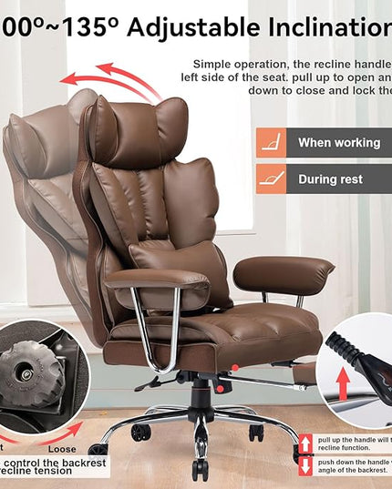 Desk Office Chair 400LBS, Big and Tall Office Chair, PU Leather Computer Chair, Executive Office Chair with Leg Rest and Lumbar Support, Brown Office Chair - LeafyLoom