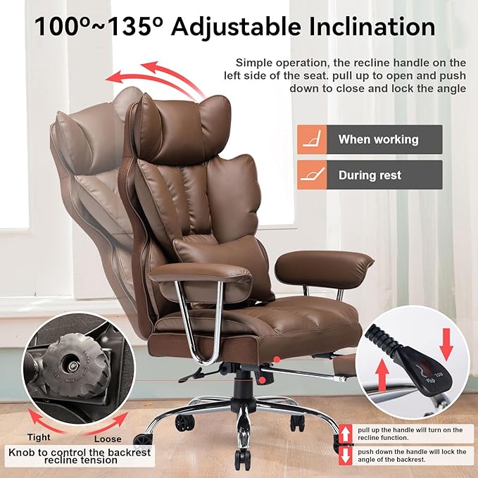 Desk Office Chair 400LBS, Big and Tall Office Chair, PU Leather Computer Chair, Executive Office Chair with Leg Rest and Lumbar Support, Brown Office Chair - LeafyLoom