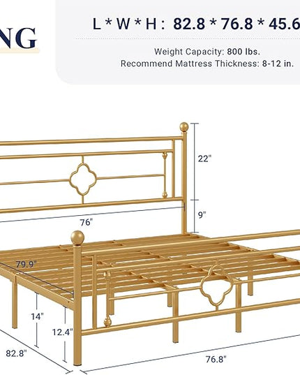 Allewie King Size Metal Platform Bed Frame with Victorian Vintage Headboard and Footboard/Mattress Foundation/Under Bed Storage/No Box Spring Needed/Noise-Free/Easy Assembly, Gold - LeafyLoom