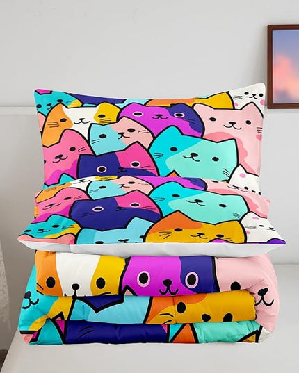 Cat Comforter Set Twin - Twin Size Comforter Set for Girls Cat Kids Cute Cat Bedding Twin Colorful Cartoon Cat Theme Bedding Sets, 1 Comforter+1 Pillowcase - LeafyLoom