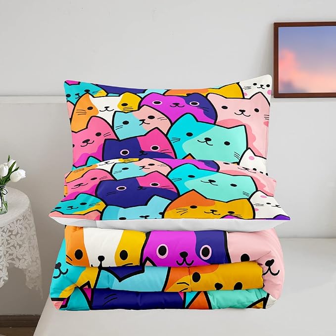 Cat Comforter Set Twin - Twin Size Comforter Set for Girls Cat Kids Cute Cat Bedding Twin Colorful Cartoon Cat Theme Bedding Sets, 1 Comforter+1 Pillowcase - LeafyLoom