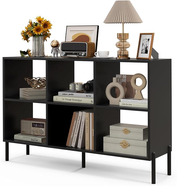 LOKO 6 Cube Bookcase, 3-Tier Floor Open Bookshelf with 5 Metal Legs, Cube Storage Organizer with Adjustable Shelves, Modern Display Shelving for Living Room, Study, Bedroom, Office (black) - LeafyLoom
