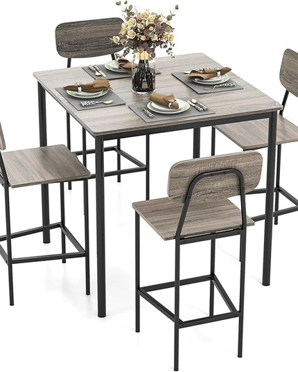 GOFLAME 5-Piece Dining Table Set for Small Space, Kitchen Table and Chairs Set for 4 with Steel Frame, Square Breakfast Table Set, Industrial Counter Height Table Set for Home Restaurant, Grey Oak - LeafyLoom