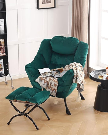 LITA Lazy Chair with Ottoman, Modern Accent Leisure Upholstered Sofa Chair, Contemporary Lounge Reading Chair with Armrests and a Side Pocket for Living Room, Bedroom & Small Space, Dark green - LeafyLoom