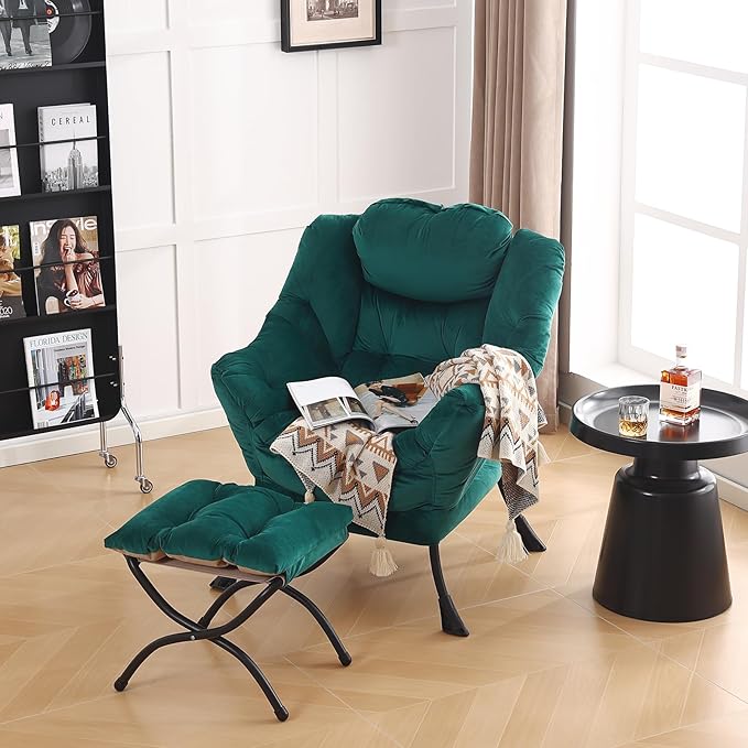 LITA Lazy Chair with Ottoman, Modern Accent Leisure Upholstered Sofa Chair, Contemporary Lounge Reading Chair with Armrests and a Side Pocket for Living Room, Bedroom & Small Space, Dark green - LeafyLoom