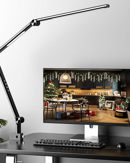 LED Desk Lamp, Desk Light for Home Office, Dual Light Source, Eye-Caring Optical Lens, 5 Color Modes & Brightness, 18W Brightest, Swing Arm Office Lamp, Puzzle Light, Clamp Lamp, Black - LeafyLoom