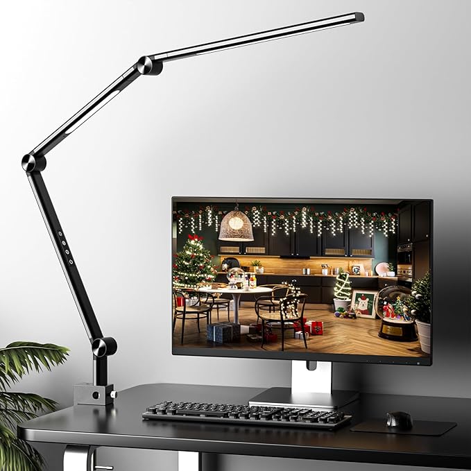 LED Desk Lamp, Desk Light for Home Office, Dual Light Source, Eye-Caring Optical Lens, 5 Color Modes & Brightness, 18W Brightest, Swing Arm Office Lamp, Puzzle Light, Clamp Lamp, Black - LeafyLoom