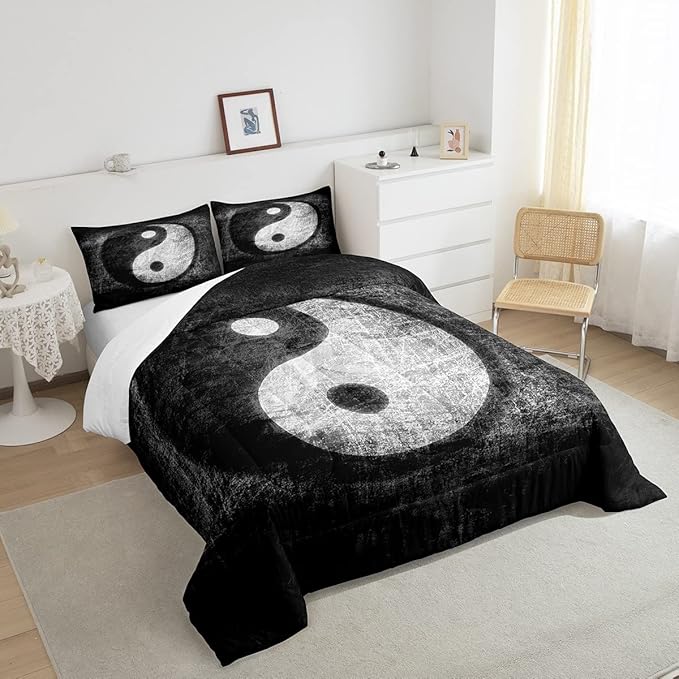 Feelyou Yin Yang Bedding Set for Girls Boys Children Boho Trippy Psychedelic Art Comforter Set Decorative Gossip Pattern Comforter Traditional Ying Yang Theme Duvet Set Queen Size 3Pcs - LeafyLoom