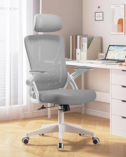 Ergonomic Office Chair, Mid Back Desk Chair with Adjustable Height, Swivel Chair with Flip-Up Arms and Lumbar Support, Breathable Mesh Computer Chair with Headrest (White and Grey) - LeafyLoom
