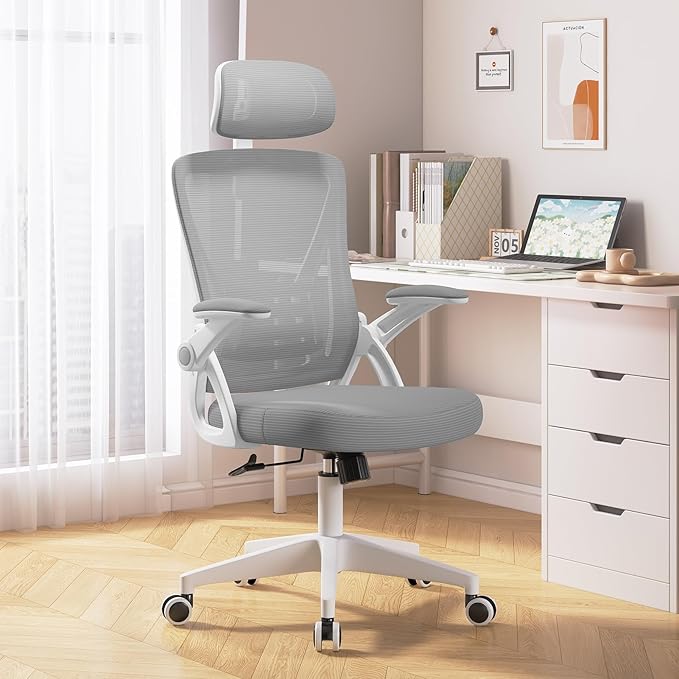 Ergonomic Office Chair, Mid Back Desk Chair with Adjustable Height, Swivel Chair with Flip-Up Arms and Lumbar Support, Breathable Mesh Computer Chair with Headrest (White and Grey) - LeafyLoom