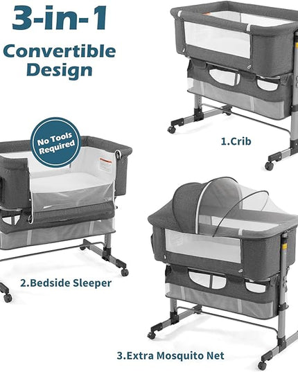 Bedside Sleeper Bedside Crib, Baby Bassinet 3 in 1 Travel Baby Crib Baby Bed with Breathable Net,Adjustable Portable Bed for Infant/Baby(Deep Grey) - LeafyLoom