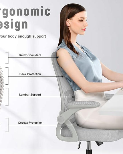naspaluro Ergonomic Office Chair, Mid Back Desk Chair with Adjustable Height, Swivel Chair with Flip-Up Arms and Lumbar Support, Breathable Mesh Computer Chair for Home/Study/Working, Grey - LeafyLoom
