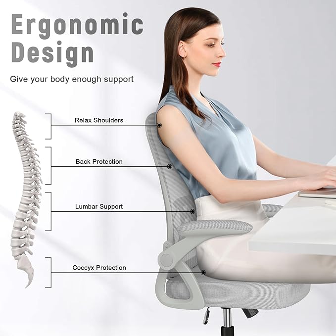 naspaluro Ergonomic Office Chair, Mid Back Desk Chair with Adjustable Height, Swivel Chair with Flip-Up Arms and Lumbar Support, Breathable Mesh Computer Chair for Home/Study/Working, Grey - LeafyLoom
