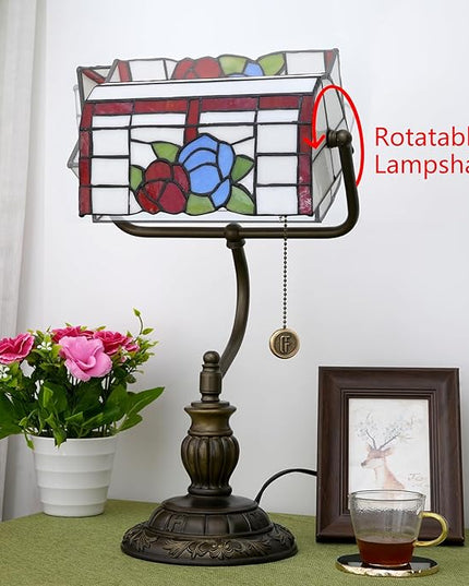 Bankers Lamp,Stained Glass Lamp,Dimmable Vintage Desk Lamp for Home Office Workplace Nightstand Bedroom Library Piano LED Bulb Included (roses) - LeafyLoom