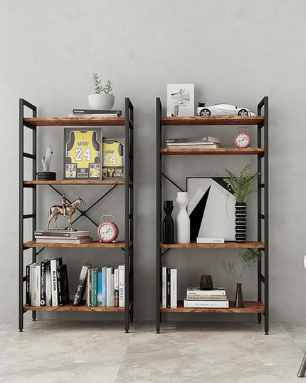 4 Tier Industrial Book Shelf,Modern Small Book Case for Books, Garage Kit, CDs, Movies, Standing BookShelves Display Rack for Bedroom/Living Room/Home Office - Rustic Brown Wood Bookcase - LeafyLoom