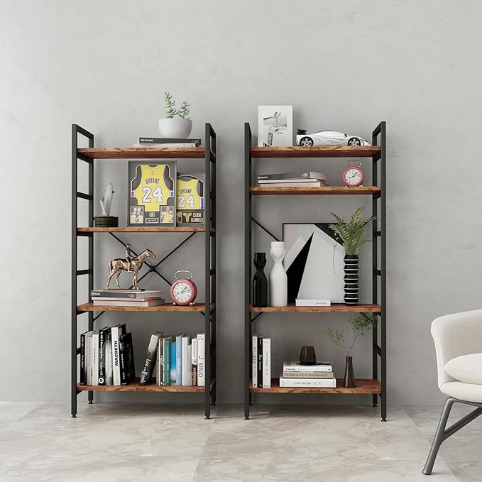 4 Tier Industrial Book Shelf,Modern Small Book Case for Books, Garage Kit, CDs, Movies, Standing BookShelves Display Rack for Bedroom/Living Room/Home Office - Rustic Brown Wood Bookcase - LeafyLoom