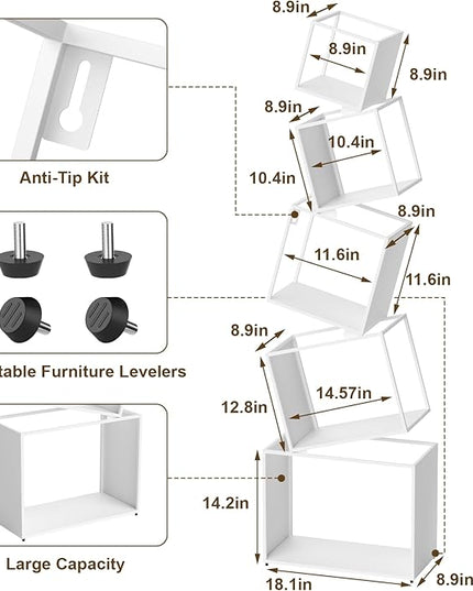 Bookshelf, Unique 5-Tier 67” Tall Bookshelves, Modern Geometric Bookcases Cool Metal Book Shelf, Corner Bookshelf for Bedroom, Living Room, Home Office (White) - LeafyLoom
