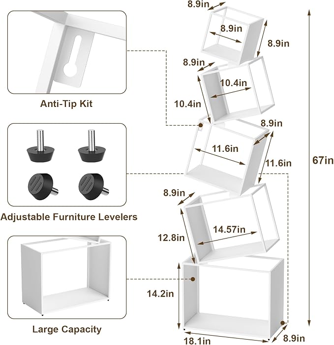 Bookshelf, Unique 5-Tier 67” Tall Bookshelves, Modern Geometric Bookcases Cool Metal Book Shelf, Corner Bookshelf for Bedroom, Living Room, Home Office (White) - LeafyLoom