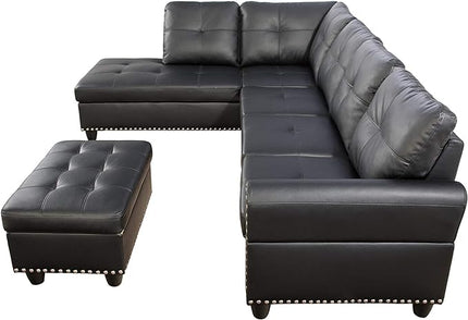 RITSU L Shape Sectional Sofa, Upholstered Corner Couch with Storage Ottoman, Reversible Backrest w/Cup Holder, 4 Seater, Faux Leather Tufted Cushions, for Living Room,Apartment, Black, 71 inch - LeafyLoom