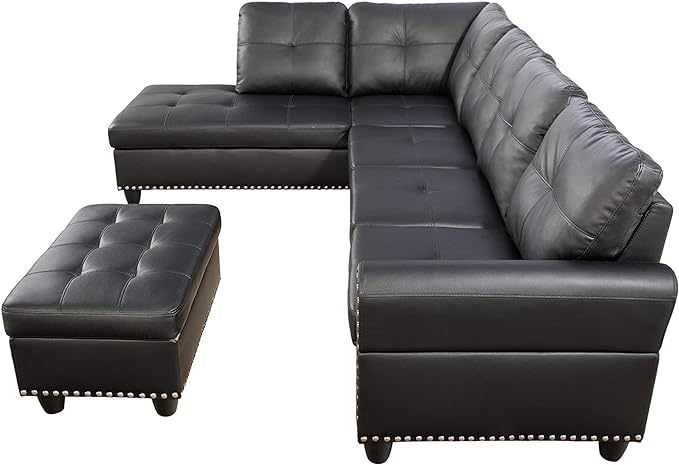 RITSU L Shape Sectional Sofa, Upholstered Corner Couch with Storage Ottoman, Reversible Backrest w/Cup Holder, 4 Seater, Faux Leather Tufted Cushions, for Living Room,Apartment, Black, 71 inch - LeafyLoom