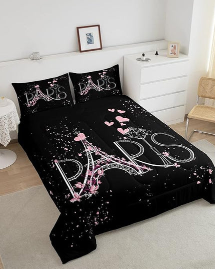 Eiffel Tower Comforter Set Chic Paris Bedding Set Romantic Theme Comforter for Boys Girls Children Teens Black Pink Bedroom Decor Modern French Style Duvet Set Queen Size with 2 Pillow Case - LeafyLoom