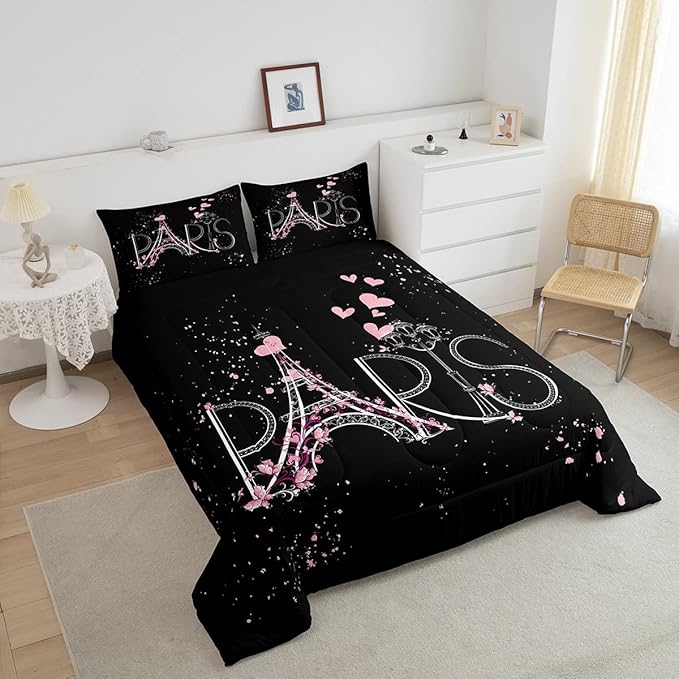 Eiffel Tower Comforter Set Chic Paris Bedding Set Romantic Theme Comforter for Boys Girls Children Teens Black Pink Bedroom Decor Modern French Style Duvet Set Queen Size with 2 Pillow Case - LeafyLoom
