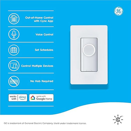 GE CYNC Smart Light Switch On/Off Button Style, No Neutral Wire Required Smart Switch, 2.4 GHz WiFi Works with Amazon Alexa and Google Home, White CYNCSmartHome