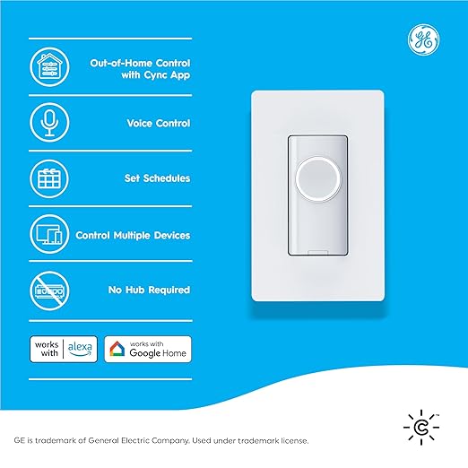 GE CYNC Smart Light Switch On/Off Button Style, No Neutral Wire Required Smart Switch, 2.4 GHz WiFi Works with Amazon Alexa and Google Home, White CYNCSmartHome
