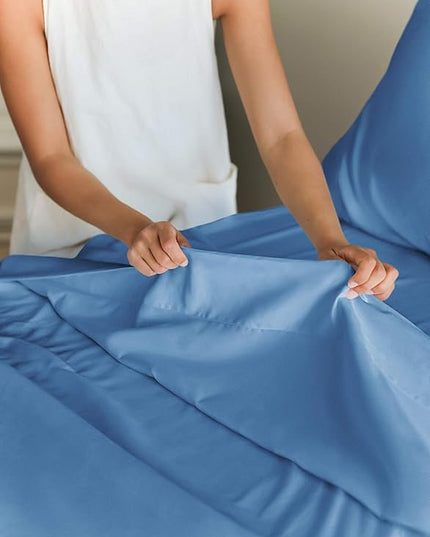 Twin Size 3 Piece Sheet Set - Comfy Breathable & Cooling Sheets - Hotel Luxury Bed Sheets for Women & Men - Deep Pockets, Easy-Fit, Soft & Wrinkle Free Sheets - Denim Blue Oeko-Tex Bed Sheet Set - LeafyLoom