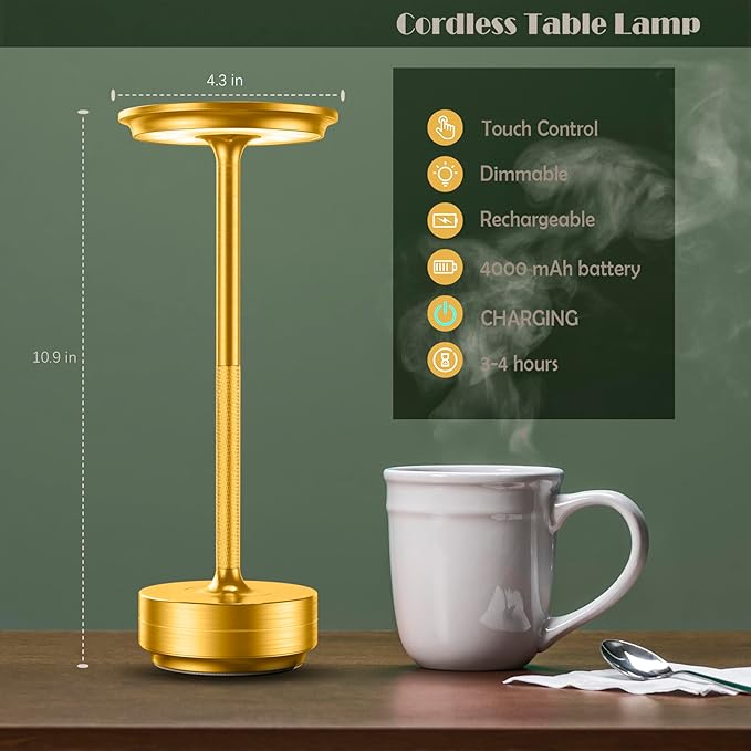 Cordless Table Lamps Rechargeable,Table Light USB Touch Bedside Battery Powered Table Lamp LED Portable Patio/Dining Table/bar 3-Level Brightnes [Burnished Gold] - LeafyLoom