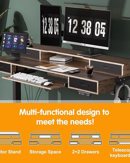Electric Standing Desk, Multifunctional Standing Desk Adjustable Height, 55 * 24 Standing Desk with 4 Drawers, Ergonomic Adjustable Standing Desk with Keyboard Tray, Rustic Brown - LeafyLoom